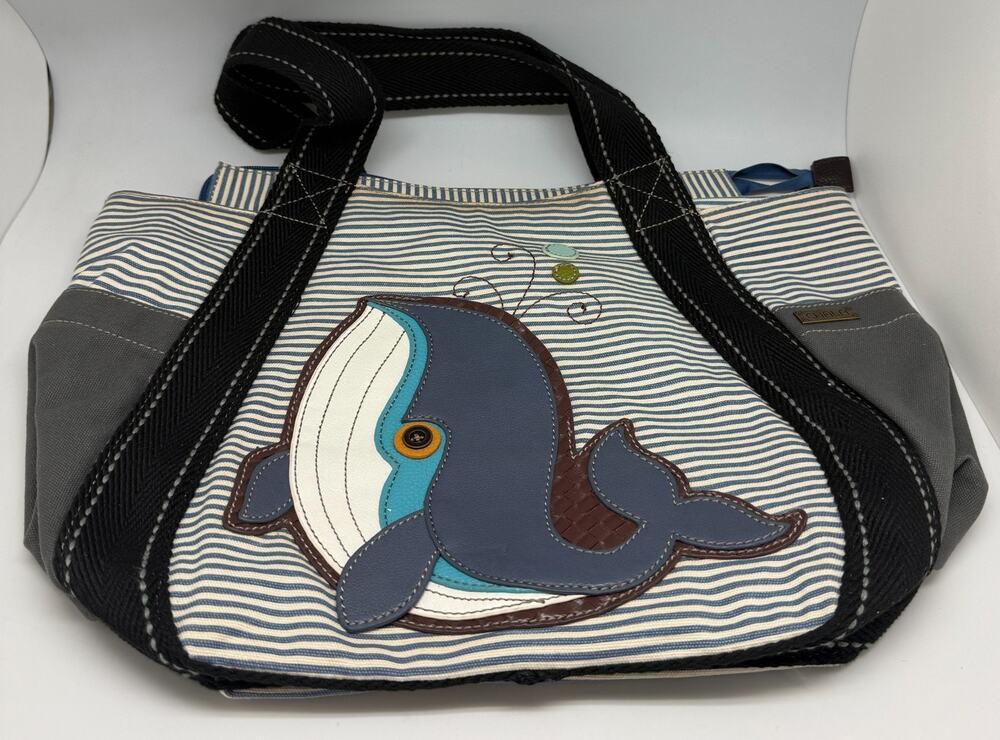 Chala Carryall Zip Tote Canvas Handbag - Whale, Blue White Stripe - Faded USED